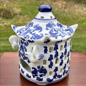 Blue & White Chinoiserie Porcelain Birdcage Pagoda Lantern Votive Candle Holder